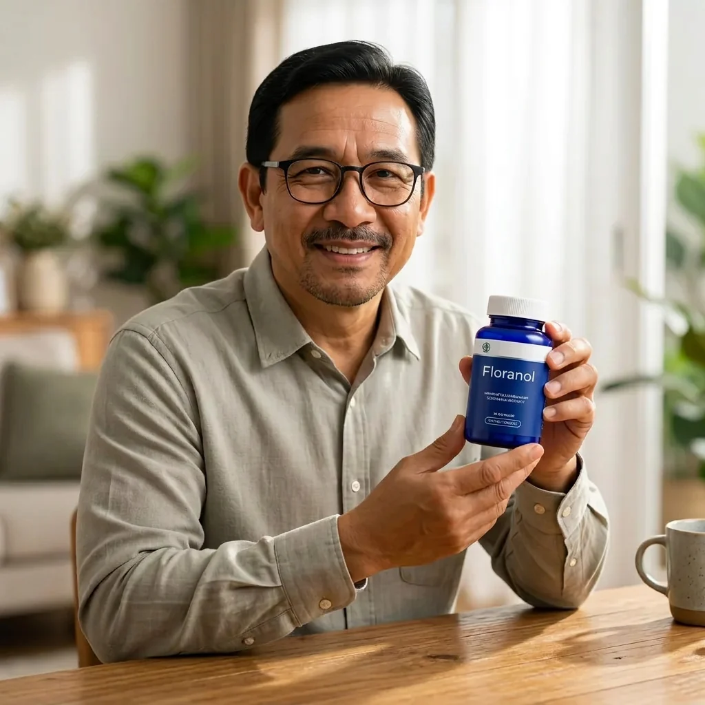 Pria dewasa dengan botol Floranol